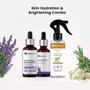 Skin Hydration & Brightening Combo – Niacinamide Serum (15ml) + Rosemary & Rice Water Spray (110ml) + Lavender Essential Oil (15ml) | Glow Boosting Skincare Set