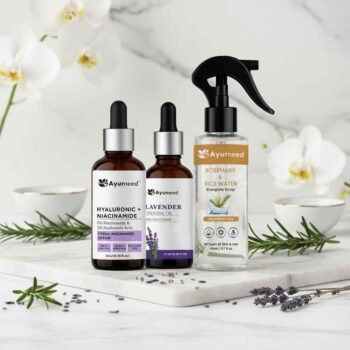 Skin Hydration & Brightening Combo – Niacinamide Serum (15ml) + Rosemary & Rice Water Spray (110ml) + Lavender Essential Oil (15ml) | Glow Boosting Skincare Set